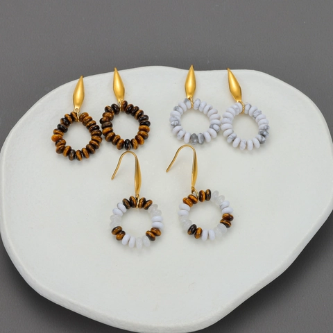Bohemian Hoop Dangle Earrings Stainless Steel With Tiger Eye And White Marble Stone Beads Geometric For Women
