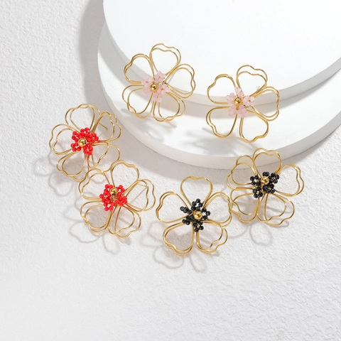Hollow Flower Ohrringe Edelstahl Goldener Metalldraht Mit Bunten Perlen Böhmischer Vintage Stil Für Frauen