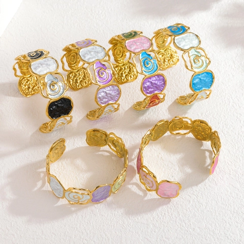 Blumen Armreif Edelstahl Emaille Rose Gold Plattiert Gehämmerte Textur Offene Spange Böhmischer Modeschmuck Damen