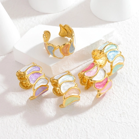Anillo Abierto De Acero Inoxidable Con Esmalte Colorido Para Mujer Bañado En Oro Patrón De Olas Ajustable Joyería De Moda
