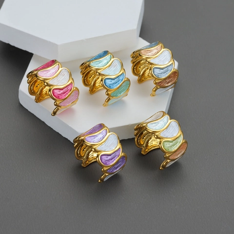Anillo Abierto De Acero Inoxidable Con Esmalte Colorido Para Mujer Bañado En Oro Patrón De Olas Ajustable Joyería De Moda