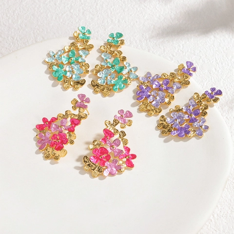 Vintage Bloemcluster Knopoorbellen Voor Dames Roestvrij Staal Meerlaags Kleurrijk Emaille Florale Retro Sieraden