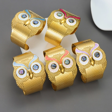 Owl Bangle Bracelet Stainless Steel Enamel Shell Inlay Wide Open Cuff Boho Fashion Jewelry For Women