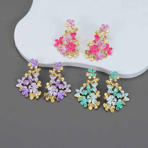 Vintage Bloemcluster Knopoorbellen Voor Dames Roestvrij Staal Meerlaags Kleurrijk Emaille Florale Retro Sieraden