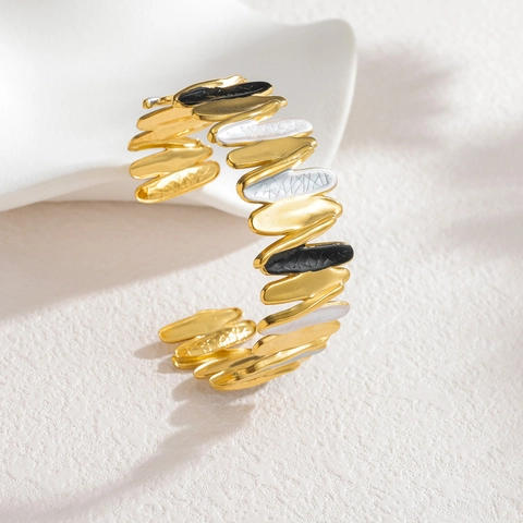 Bracelet Jonc Ouvert en Acier Inoxydable Plaqué Or 18K pour Femme Émail Coloré Géométrique Vague Manchette Bijoux Cadeau