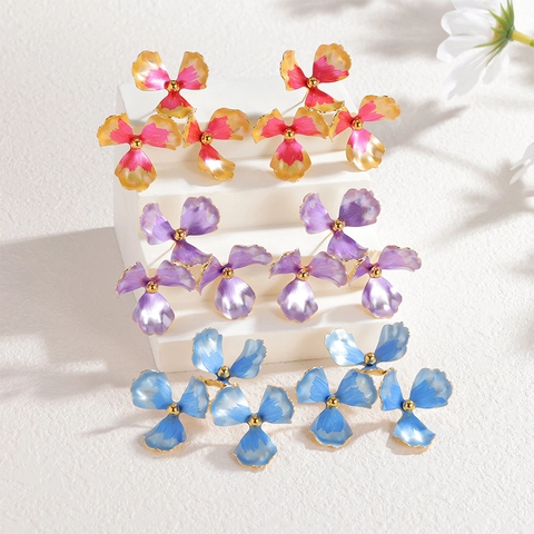Flower Petal Cluster Stud Earrings Stainless Steel Multi Color Gradient Enamel Fashion Jewelry For Women