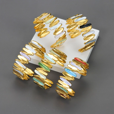 Bracelet Jonc Ouvert en Acier Inoxydable Plaqué Or 18K pour Femme Émail Coloré Géométrique Vague Manchette Bijoux Cadeau