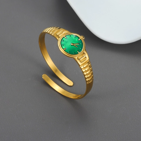 Armband In Horloge Vorm Voor Dames Retro Verguld Roestvrij Staal Creatieve Open Manchetarmband Met Groene Wijzerplaat