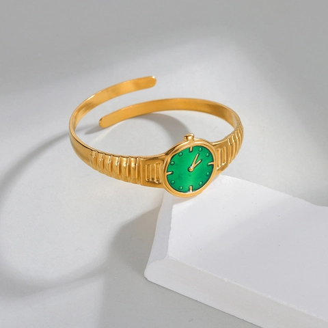 Armband In Horloge Vorm Voor Dames Retro Verguld Roestvrij Staal Creatieve Open Manchetarmband Met Groene Wijzerplaat