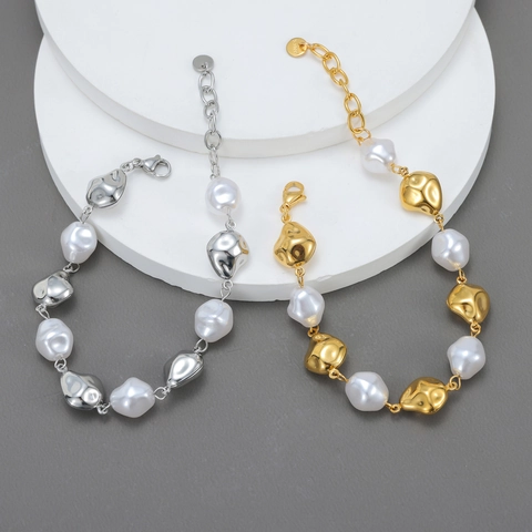 Irregular Artificial Baroque Pearl Bracelet Stainless Steel Molten Metal Beads Gold Plated Adjustable Elegant Jewelry For Women