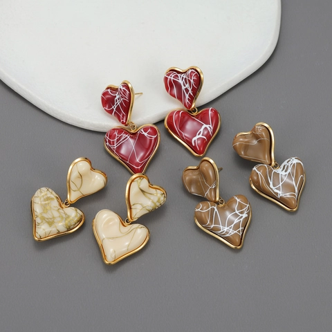 Doppelherz Ohrhänger 18K Vergoldeter Edelstahl Harz Marmorierte Textur Mit Edelstahl Ohrstecker