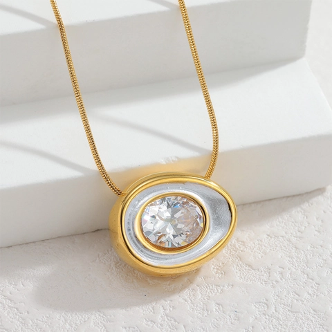 Oval Zircon Pendant Necklace 18K Gold Plated Stainless Steel White Shell Inlay Snake Chain Minimalist Jewelry Women