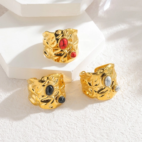 Anello Aperto Largo In Acciaio Inossidabile Martellato Donna Vintage Placcato Oro Irregolare Rugoso Doppia Pietra Regolabile