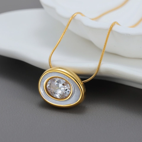 Oval Zircon Pendant Necklace 18K Gold Plated Stainless Steel White Shell Inlay Snake Chain Minimalist Jewelry Women