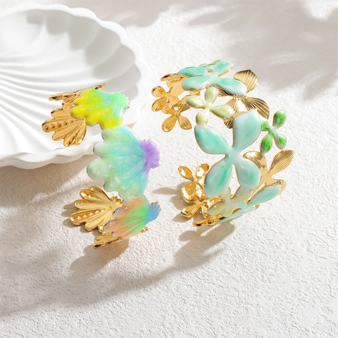 Elegante Bloemen Schelp Roestvrijstalen Bangle Kleurrijke Emaille Breed Open Verstelbaar Sieraden Dames Chique Zomerstijl