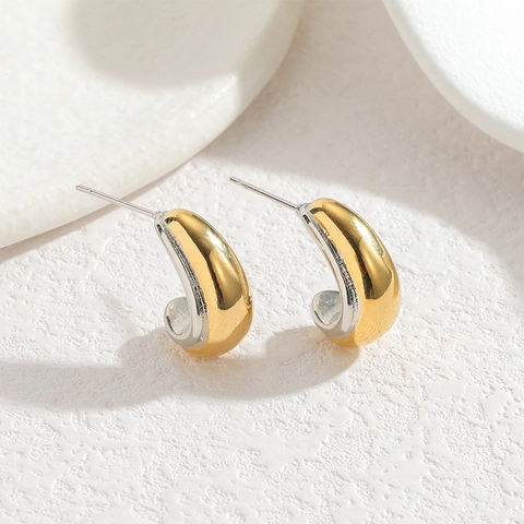 C Shaped Stud Earrings Stainless Steel Bicolor Gold Silver Minimalist Geometric Style For Women High Polish Jewelry