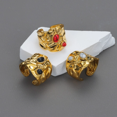 Anello Aperto Largo In Acciaio Inossidabile Martellato Donna Vintage Placcato Oro Irregolare Rugoso Doppia Pietra Regolabile