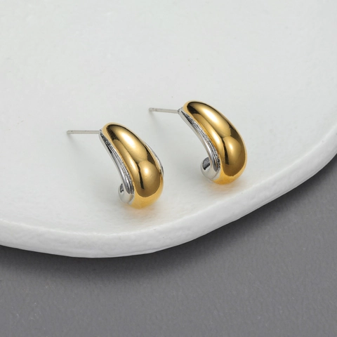 C Shaped Stud Earrings Stainless Steel Bicolor Gold Silver Minimalist Geometric Style For Women High Polish Jewelry