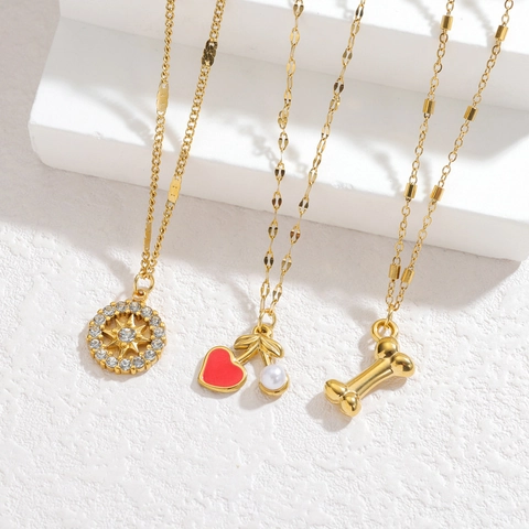 Collana Con Ciondolo In Acciaio Inossidabile Placcato Oro Cuore Osso Stella Zircone Perla Artificial Gioielli Per Donna Elegante