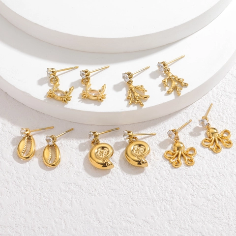 Pendientes Colgantes Serie Océano Chapado En Oro 18K Acero Inoxidable Circonia Cangrejo Concha Pulpo Coral Para Mujeres