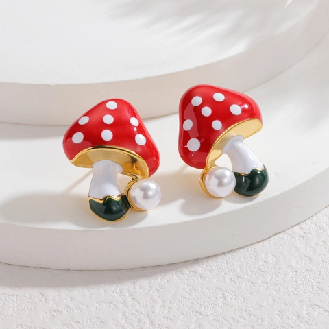 Pendientes Colgantes De Frutas Cereza Manzana Hongo Con Poste De Acero Inoxidable Esmalte Rojo Joyería Retro Para Mujer