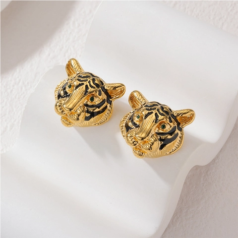 Pendientes De Botón Cabeza De Tigre Acero Inoxidable Chapado En Oro 18K Esmalte Diseño Animal Ojos Circón Verde