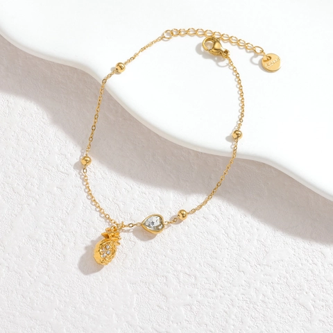 Bracelet à Breloques en Acier Inoxydable Plaqué Or pour Femme Cœur Zircone Tournesol Ananas Champignon Fleur Bijoux Cadeau