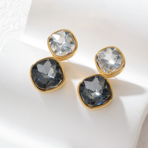Square Zircon Geometric Earrings Stainless Steel Double Layer Smoky Grey Transparent Stones Light Luxury For Women
