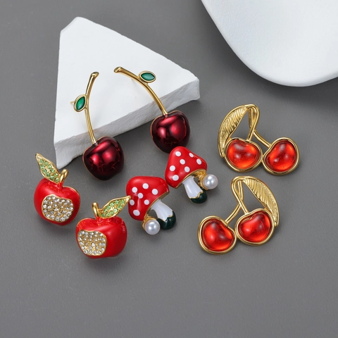 Pendientes Colgantes De Frutas Cereza Manzana Hongo Con Poste De Acero Inoxidable Esmalte Rojo Joyería Retro Para Mujer