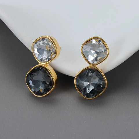 Square Zircon Geometric Earrings Stainless Steel Double Layer Smoky Grey Transparent Stones Light Luxury For Women