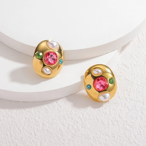 Retro Baroque Oval Stud Earrings For Women Stainless Steel 18K Gold Plated With Pink Zircon And Imitation Artificial Pearl