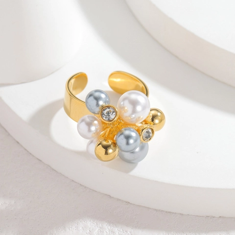 Roestvrijstalen 18K Vergulde Open Ring Met Imitatieparel Cluster En Zirkoon Retro Elegante Verstelbare Sieraden Voor Dames