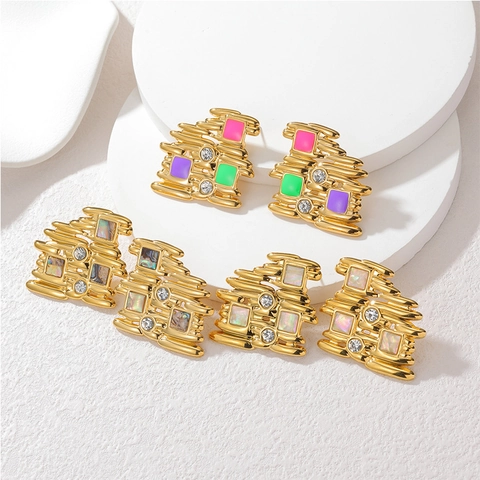 Geometric Stud Earrings Stainless Steel 18K Gold Plated Irregular Enamel Mother Of Artificial Pearl Rhinestone Vintage For Women