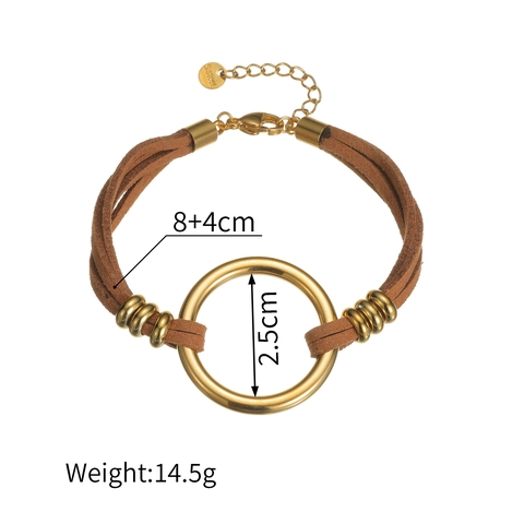 Vintage Unregelmäßig Geometrisch Rund Ring Leder Armband Für Damen Herren Gold Edelstahl Wildlederschnur Verstellbar Schmuck