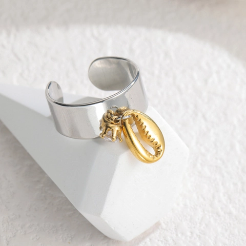 Ozean Thema Offener Verstellbarer Ring Edelstahl Vergoldet Zirkonia Muschel Krabbe Oktopus Schmuck Für Damen