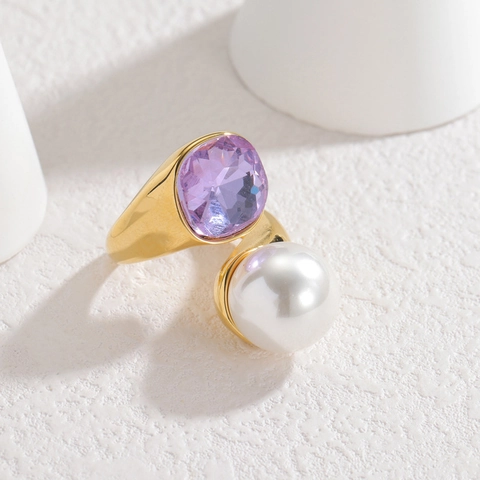 Gold Plated Stainless Steel Open Ring Purple Faceted Zircon Large White Artificial Pearl Geometric Elegant Fashion Jewelry Women