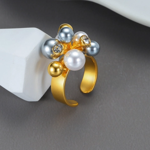Roestvrijstalen 18K Vergulde Open Ring Met Imitatieparel Cluster En Zirkoon Retro Elegante Verstelbare Sieraden Voor Dames