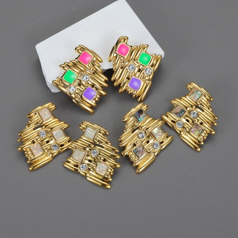 Geometric Stud Earrings Stainless Steel 18K Gold Plated Irregular Enamel Mother Of Artificial Pearl Rhinestone Vintage For Women