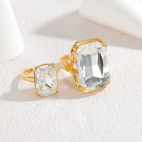 Eleganter Edelstahl Ring 18K Gold Vergoldet Rechteckiger Zirkonia Verstellbar Offen Mode Schmuck Für Damen