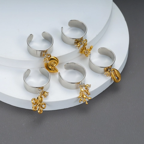 Ozean Thema Offener Verstellbarer Ring Edelstahl Vergoldet Zirkonia Muschel Krabbe Oktopus Schmuck Für Damen