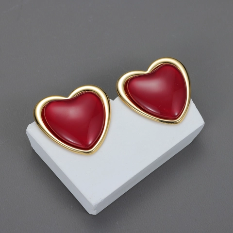 Red Heart Stud Earrings Gold Plated Stainless Steel French Vintage Exaggerated Fashion Accessories For Women