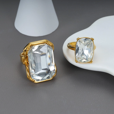 Eleganter Edelstahl Ring 18K Gold Vergoldet Rechteckiger Zirkonia Verstellbar Offen Mode Schmuck Für Damen