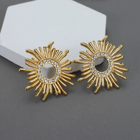 Sunburst Stud Earrings Gold Plated Stainless Steel Hollow Sun Flower Cubic Zirconia Dainty Jewelry For Women