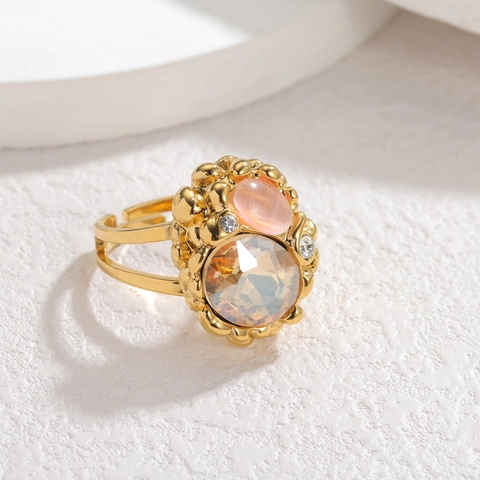 Anello Aperto In Acciaio Inossidabile Placcato Oro 18K Per Donna Texture Irregolare Pietra Champagne Pietra Occhio Di Gato