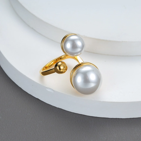 Anello Aperto Con Doppia Perla Artificial In Acciaio Inossidable Placcato Oro 18K Per Donna Gioielli Retro Stile Francese Minimalisti Regolabili