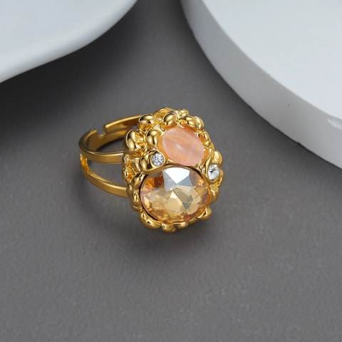 Anello Aperto In Acciaio Inossidabile Placcato Oro 18K Per Donna Texture Irregolare Pietra Champagne Pietra Occhio Di Gato