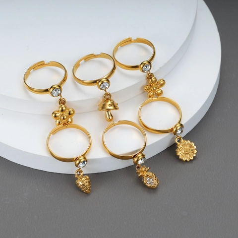 Roestvrij Staal 18K Vergulde Open Verstelbare Ring Met Zirconia Bloem Fruit Hanger Zoete Sieraden Voor Vrouwen