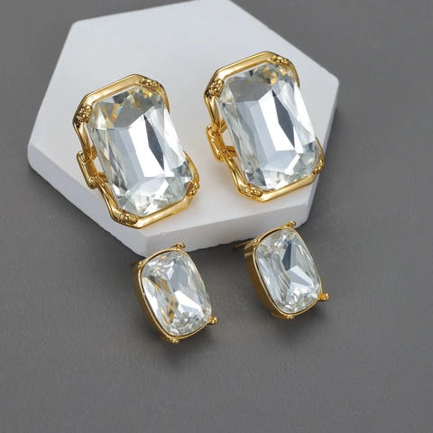 Geometric Rectangular Stud Earrings With Stainless Steel 18K Gold Plated Transparent Crystal Emerald Cut For Women