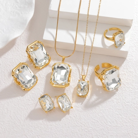 Geometric Rectangular Stud Earrings With Stainless Steel 18K Gold Plated Transparent Crystal Emerald Cut For Women