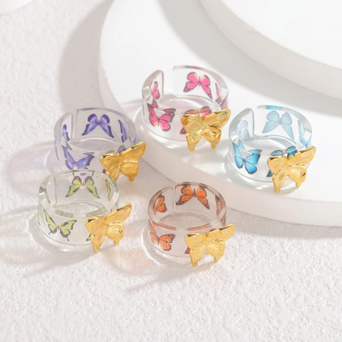 Schmetterling Verstellbarer Offener Ring Edelstahl Und Acrylharz Transparent Eleganter Modeschmuck Für Damen